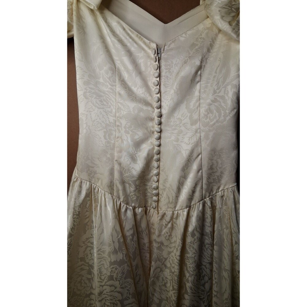 Vintage 80s 90s Satin Wedding Gown with Cathedral Train Romantic Brocade Floral - Picture 10 of 16